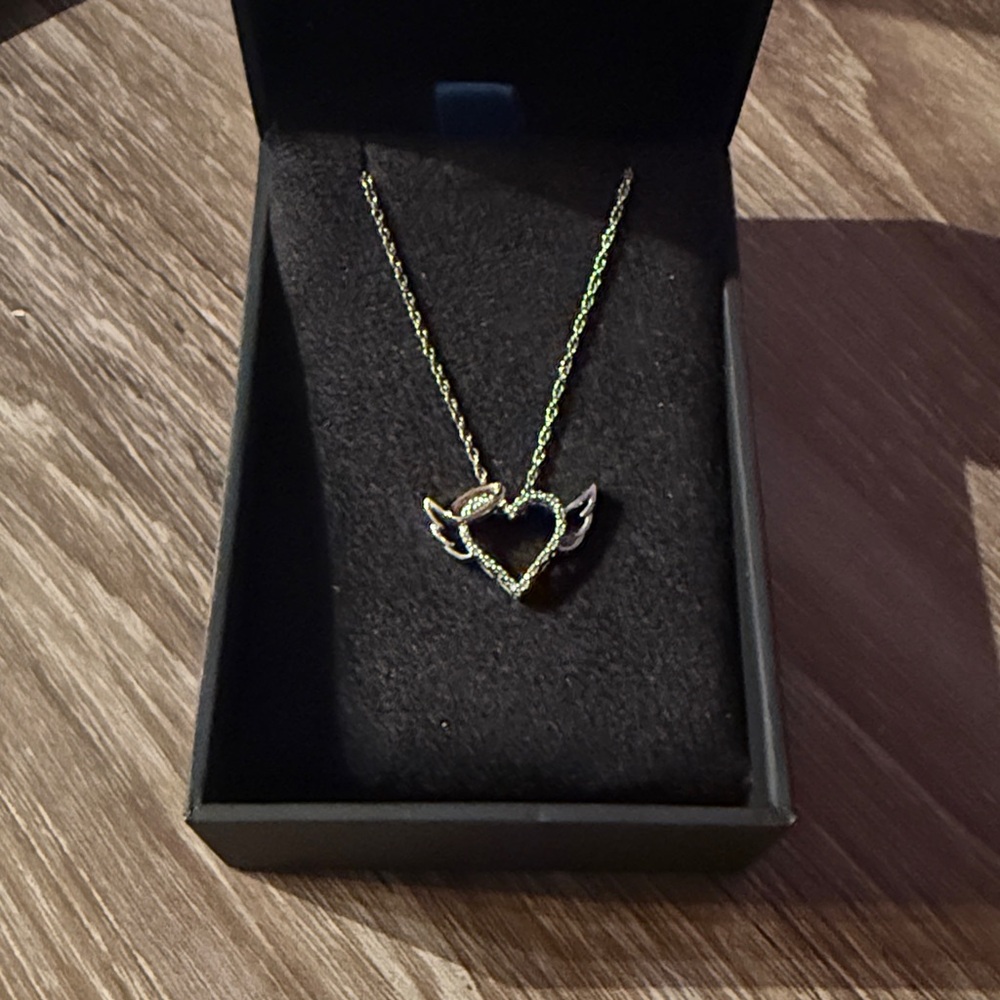 Sterling silver and 14k yellow gold diamond winged halo heart pendant necklace
